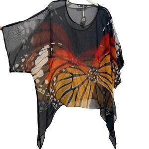 Cocoon House Womens Silk Blouse Sheer S/M Black Butterfly Boho Fairy Whimsy NWT